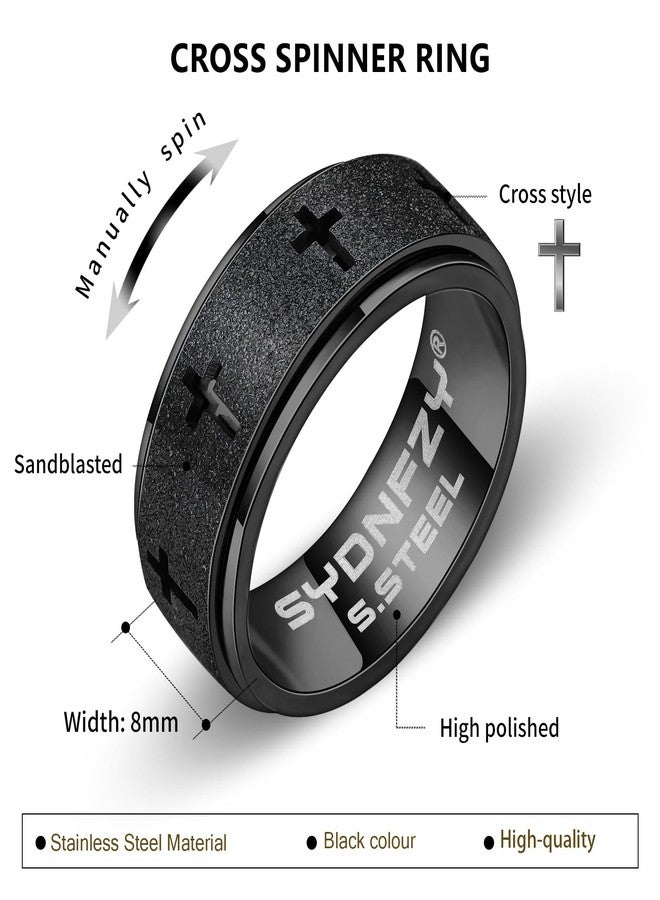 SYDNFZY Anxiety Spinner Ring for Men - Stainless Steel Fidget Spinner Ring, Band Cross Thumb Roating Rings for Stress Relief 8mm Anxiety Relieve Fidget Toys for Adults Ring Size 6 7 8 9 10 11 (Black, 10) - Image 2